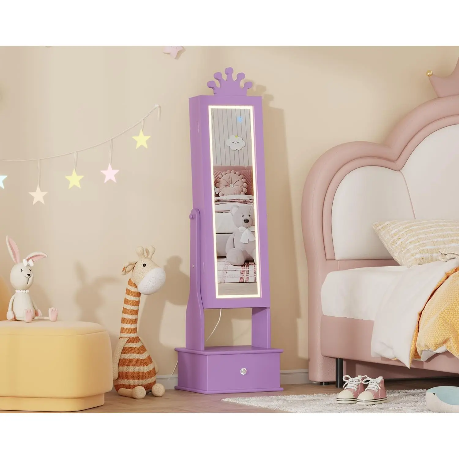 46" Jewelry Cabinet with Full-Length Mirror,Freestand Mirror with Storage Drawers,Vanity Dress Up Mirror with Jewelry Organizer,Jewelry Armoire for Bithday-Purple