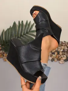 Women's Black Leather Wedge Sandals, Peep - Toe Platform Walking Shoes, Comfortable Outdoor Casual & Daily Commute Footwear, Stylish Elegant Party & Summer Fashion Dressy Mules, All - Match High - Heel Pumps for Girl