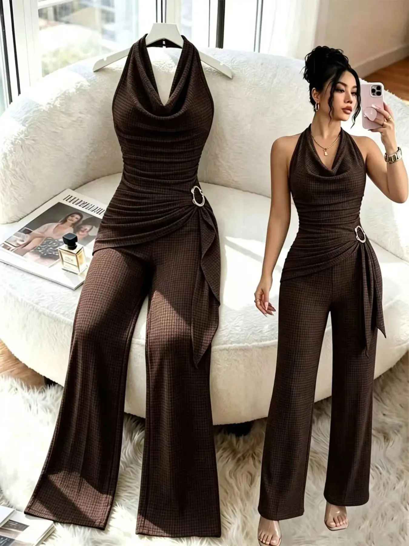 Elegant Chic Solid Knit Halter Neck Sleeveless Jumpsuit, Casual High Waist Wide Leg Slimming Jumpsuit for Daily / Office / Party Wear