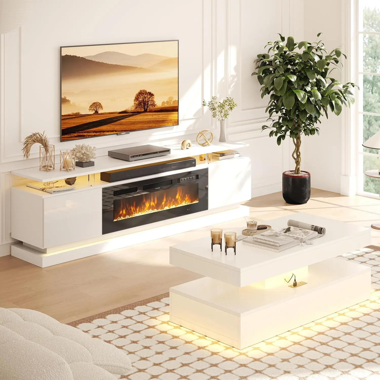 Jolydale Contemporary Style Living Room Furniture Set - 70" Fireplace TV Stand, 47" Coffee Table with Charging Station & USB Ports, White & Black, Light Up Your Space, Contemporary Style Living Room Sets, Television Table, Tv Cabinet Table