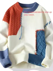 Single-piece American trendy brand jacquard color-blend round-neck sweater for men, autumn and winter fashion, distinctive, versatile, casual, and warm knitted sweater