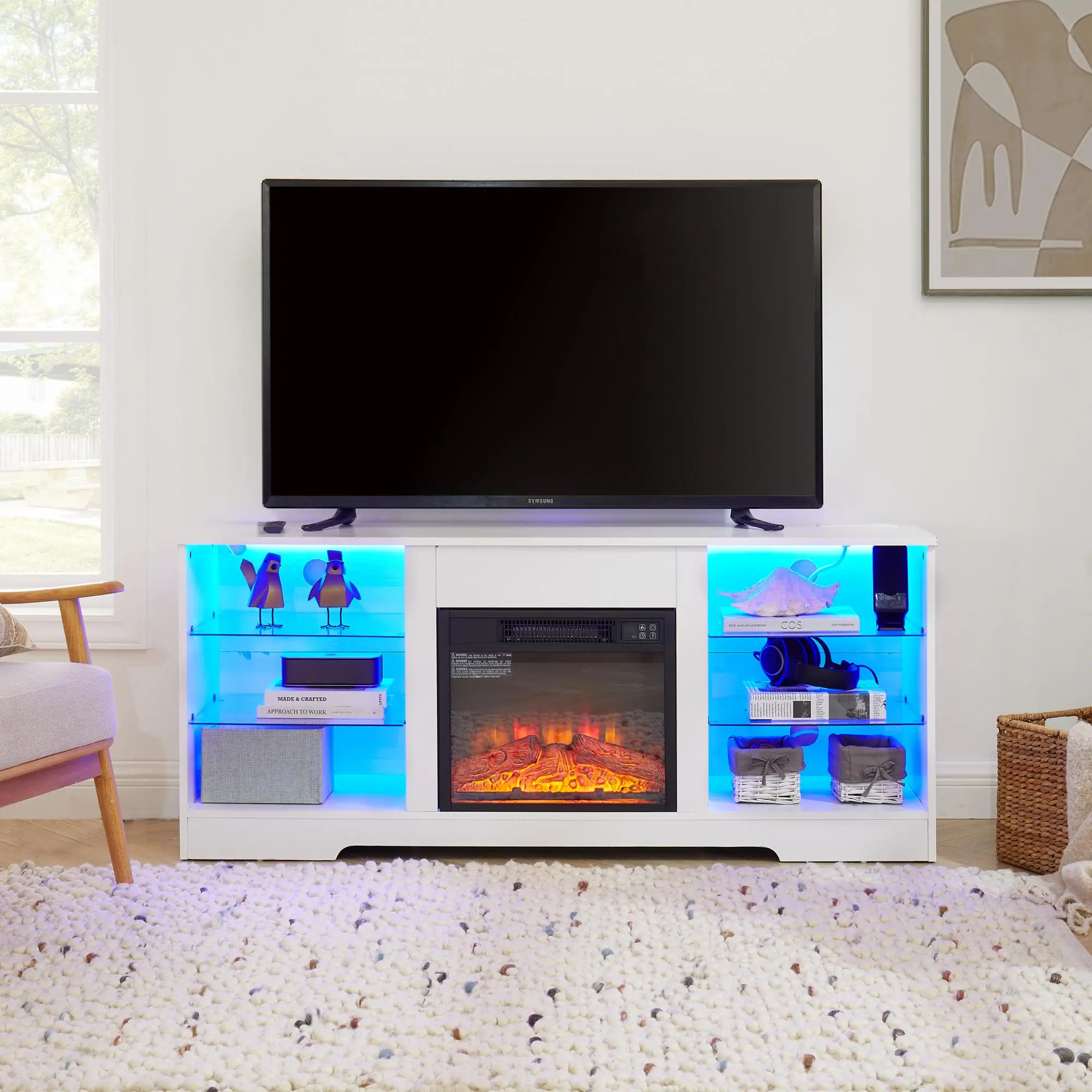 TV Stand Electric Fireplace Glass Shelves, 3D Fireplace TV Stand with LED Lights Wood with USB Charging Outlet Modern Television Table Center for TV up to 62" White, 58''W*15.5''D*24.4