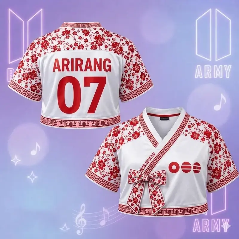 Modern Hanbok Style Crop Top Jersey - Korean Floral V-Neck Concert Outfit, Arirang 07 Fan Merch World Tour Mesh Blouse, White Asian Streetwear Shirt