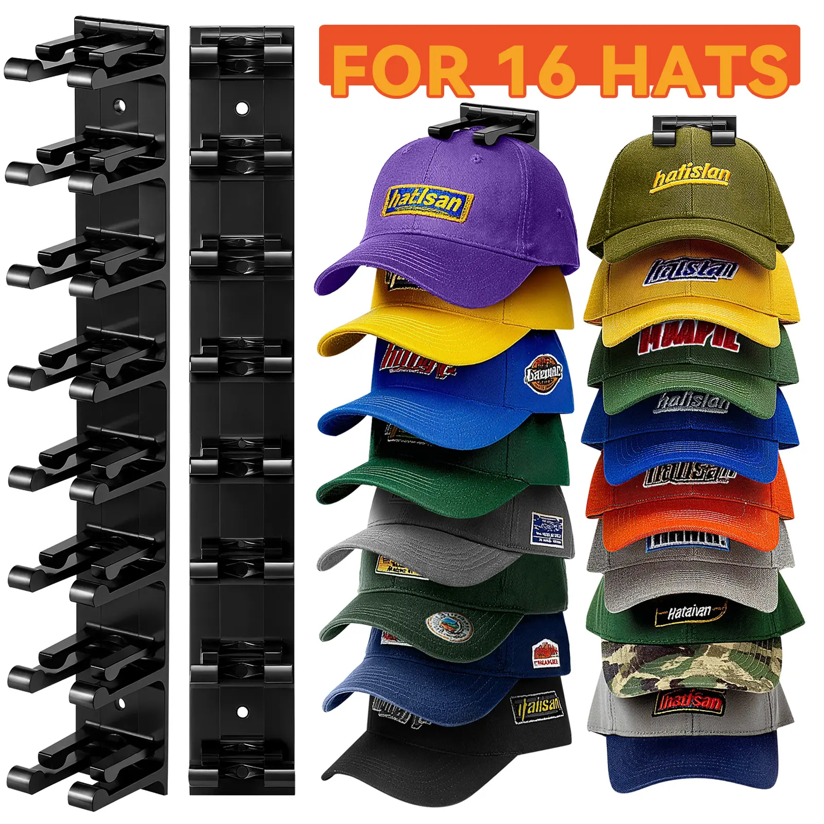 Durable 2-Pack Wall Hat Organizer, 16-Cap Capacity, No-Crease Adhesive & Screw Mounting, Home Organization Storage for Closet Doors, Bedrooms