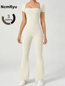 Women's Square Neck Jumpsuits One-Piece Suit Short Sleeve Gym Clothes Push Up Workout Tracksuit Fitness Bodysuit Sportswear Sporty Comfy Jumpsuit