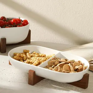 Divided Ceramic Serving Plate with Acacia Wood Base, Appetizers Platter for Home Decor(2-Compartment Plate), 12inch Divided Plate for Snack, Dessert, Fruit, Chip and Dip Serving Set