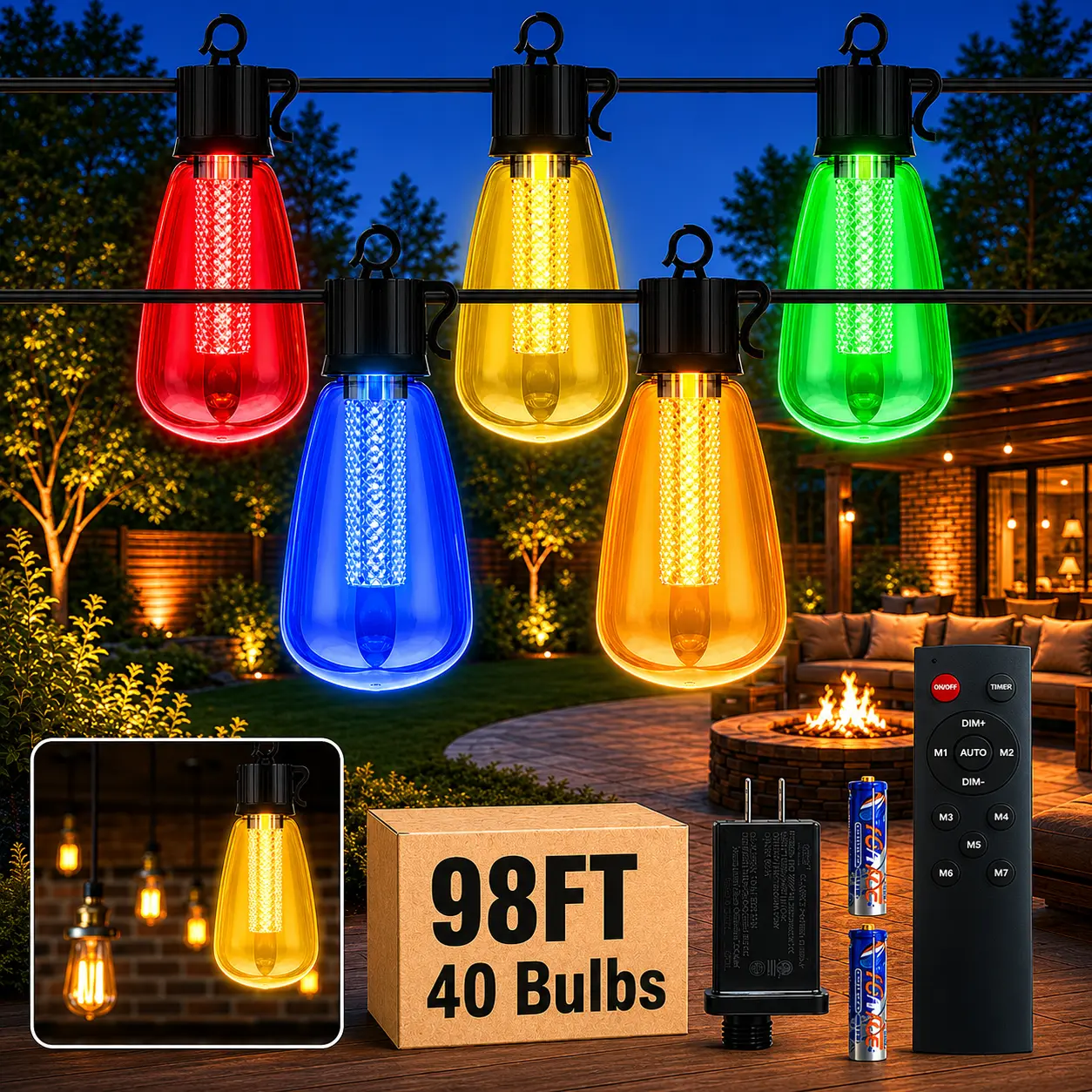 Avatar Controls 98FT Outdoor Waterproof LED String Lights - Remote Mode Switch, Multicolor & Warm White, 8 Light Modes, Timer Set & Forget, Dimmable Brightness, Adjustable Brightness LED, Shatterproof Plug-In for Patio Porch Backyard