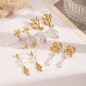 Ocean Series Earrings for Women, Creative Crab, Starfish, Scallop, Pearl Earrings, Light Luxury Earrings, Stainless Steel Earrings, Resistant to Fading