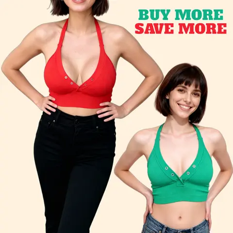 Women's Pro-Fit Seamless Convertible V-Neck Snap-Button Crop Top Bralette - Fitted, Cute, Racerback, Ribbed, Wireless, Push-Up, Stretchy, Comfortable, Moisture-Wicking, Quick-Dry Spandex Activewear - Indoor Everyday Wear 32653-1
