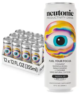 Neutonic Nootropic Productivity Energy Drink | Tropical Ice 12 Cans | 120mg Natural Caffeine, Zero Sugar | Support Memory, Mental Clarity, Cognitive Function | Boost Focus, Energy, Brain Health