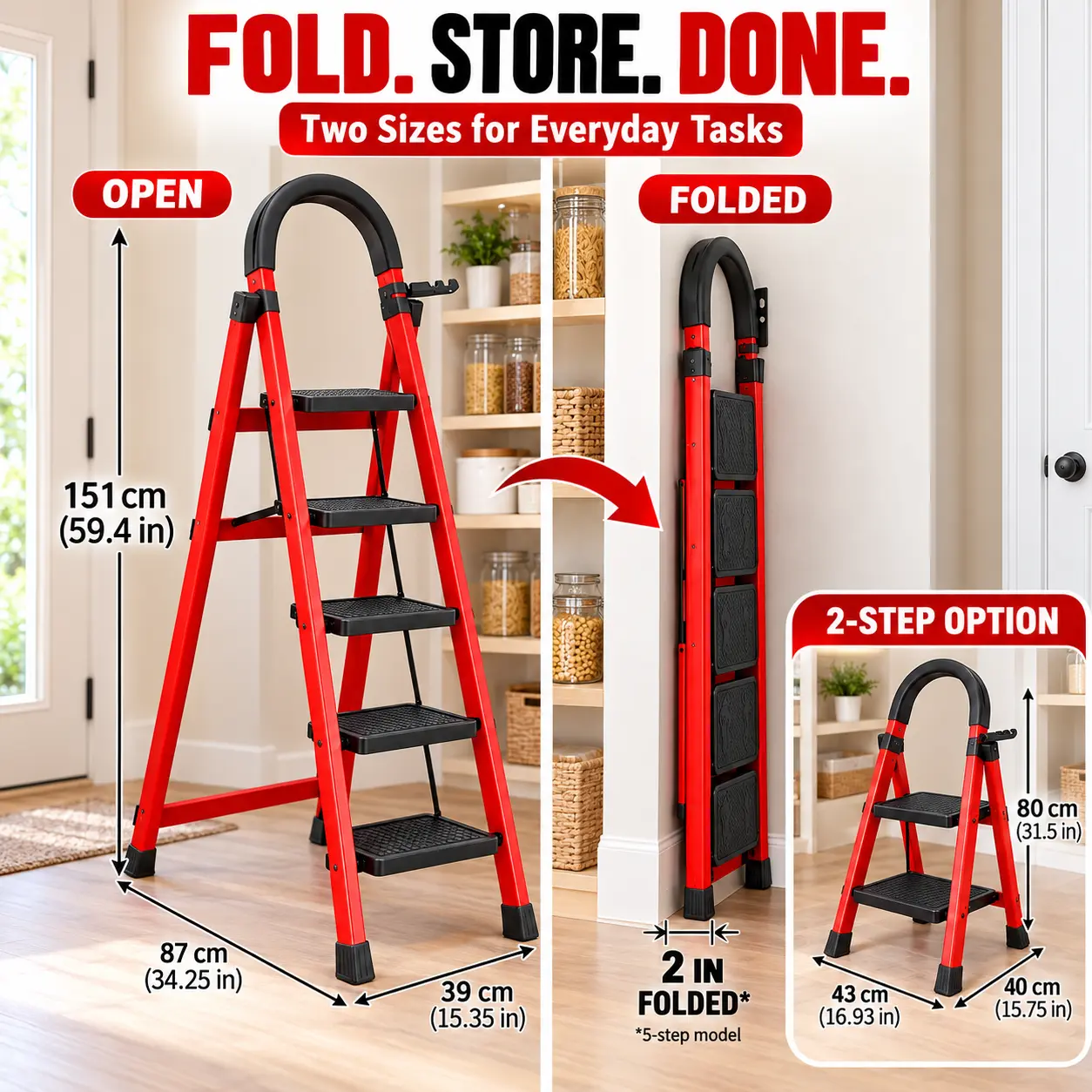 2/3/5 Step Folding Ladder with Handrail, 330 LBS Capacity Heavy Duty Step Stool, Wide Anti-Slip Steps, Foldable for Kitchen, Closet & Home