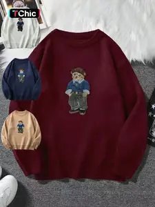 Unisex Fall Winter New Cartoon Bear Embroidered Round Neck Knit Pullover, Casual Comfy Pullover, Casual Comfortable College Style Sweater, Elegant Fashion Top