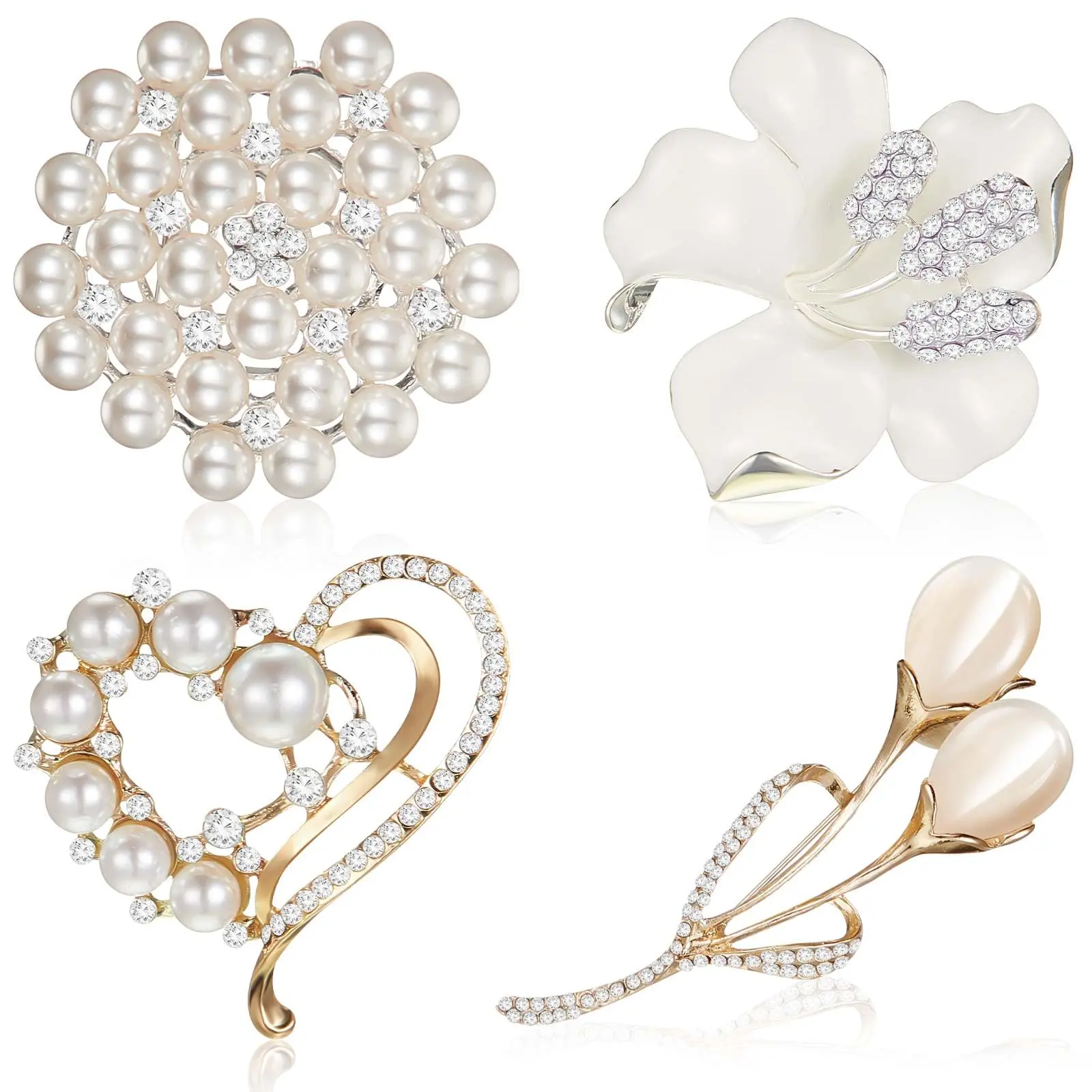 4 Pcs Crystal Pearl Brooches Set for DIY Bridal Bouquet,Elegant Wedding Bouquet Brooch Pins for Crafts,Rhinestone Flower Heart Brooch Embellishments for Brides,Halloween Christmas Gift,Hand Tools Kits