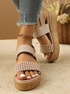 Women's Summer Beaded Wedge Sandals, Open Toe Thick Sole Platform Shoes, Casual Slip-On Footwear for Women, Comfortable Daily Wear