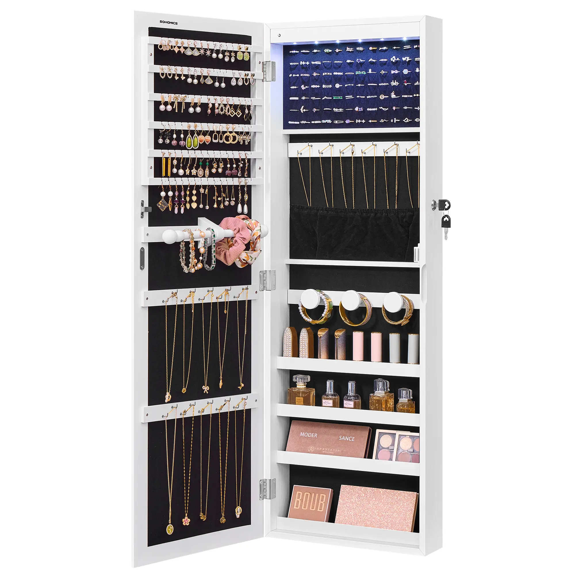SONGMICS Modern Rectangular Jewelry Cabinet - Wall or Door Mounted Armoire with Full Mirror, Large Capacity Closet Organization Organizer, 6 LED Lights