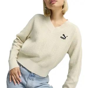 PUMA Womens T7 Knitted Logo V-Neck Long Sleeve Sweater Casual - Off White