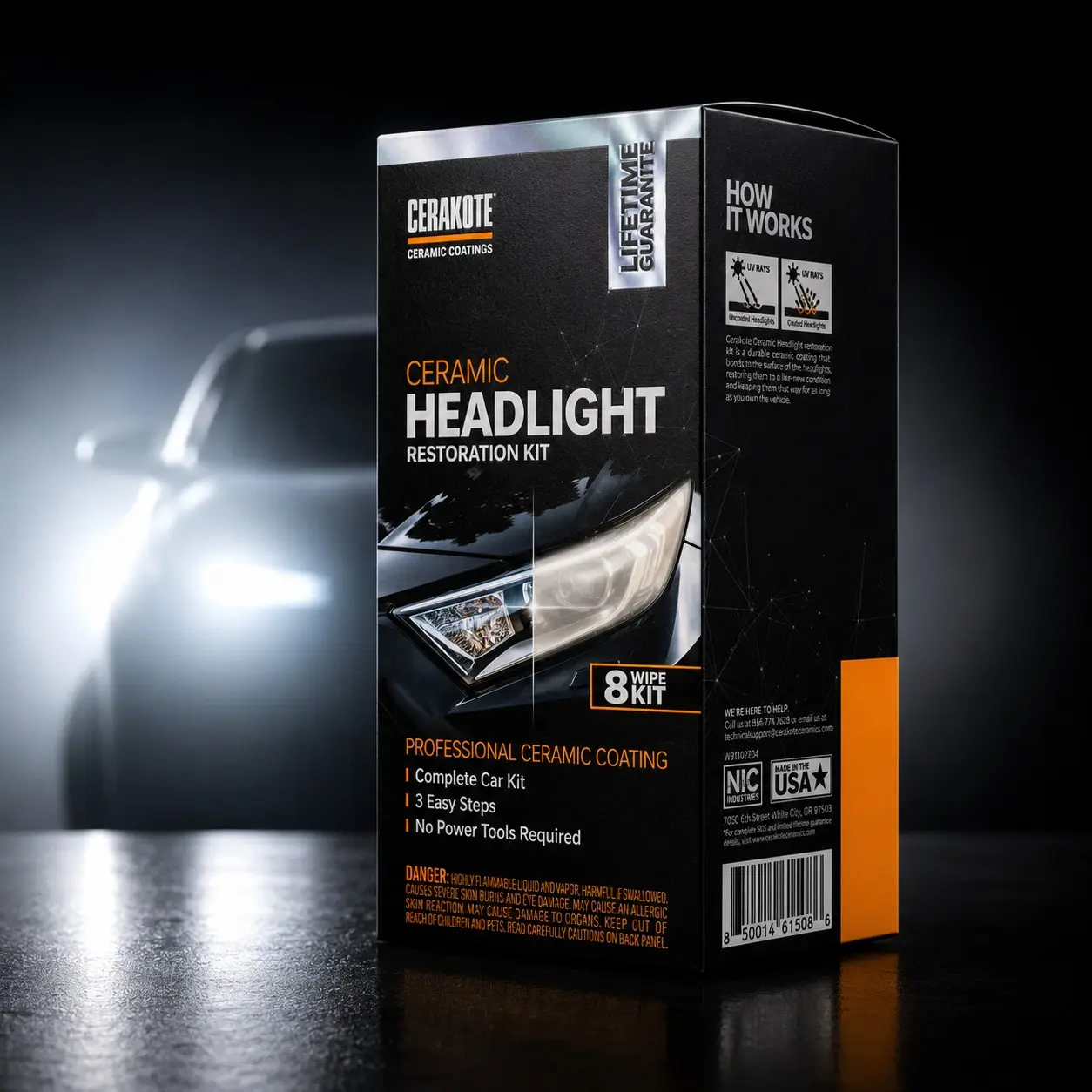 Cerakote Ceramic Headlight Restoration Kit, 3-Step Headlight Lens Restorer, Professional Ceramic Coating, 8-Wipe Kit