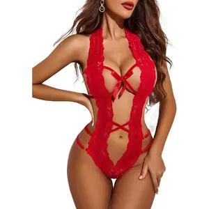 Women Deep V Halter Lingerie Teddy One Piece Bodysuit Lace Babydoll  Avidlove