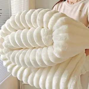 1pc Luxury Reversible Faux Fur Blanket - Soft Striped Flannel, Warm & Cozy, Suitable For Napping, Office, Camping, Sofa - Multipurpose Polyester Bedspread, Perfect Christmas Gift
