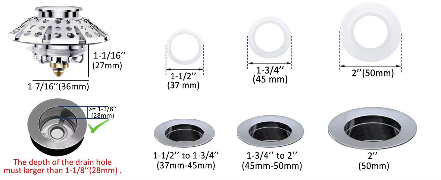 Universal Tub Stopper Bathtub Drain Plug, Pop Up Tub Drain Hair Catcher, Drain Cover with Strainer, for 1-3/8 to 2in Bath Drain Hole