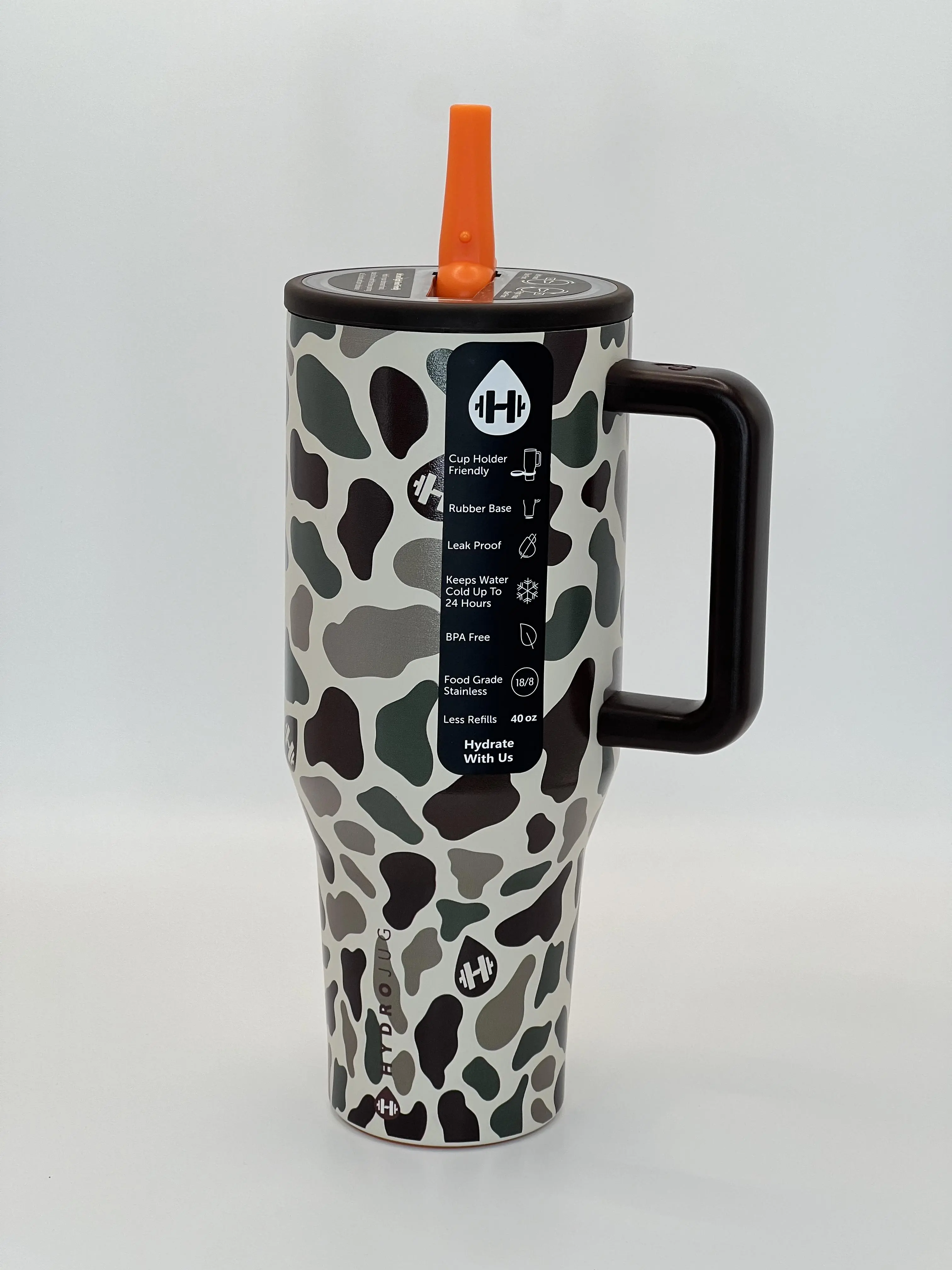 HydroJug 40oz Insulated Stainless Steel Tumbler, Camo Cow Print Travel Water Bottle with Ergonomic Handle & Orange Straw Lid, Leak Proof, BPA-Free, Cup Holder Friendly, Sports Outdoor Travel Drinkware Gift for Men Women