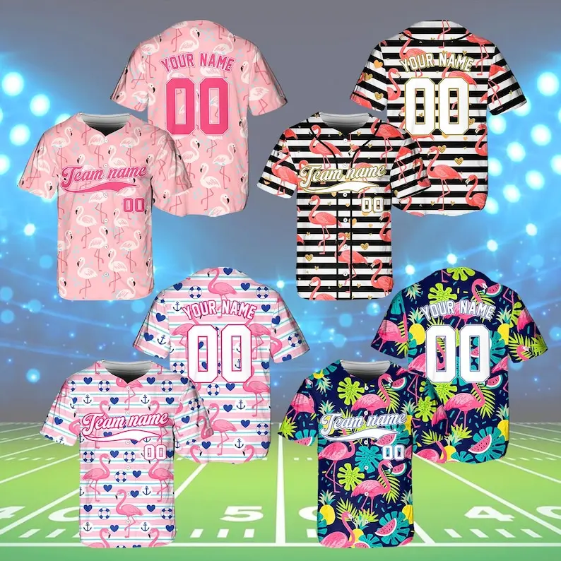 Personalized Flamingo Tropical Team Name Baseball Jersey Floral Pattern, Custom Team Name Number Jersey, Adult Youth Size, Baseball Team