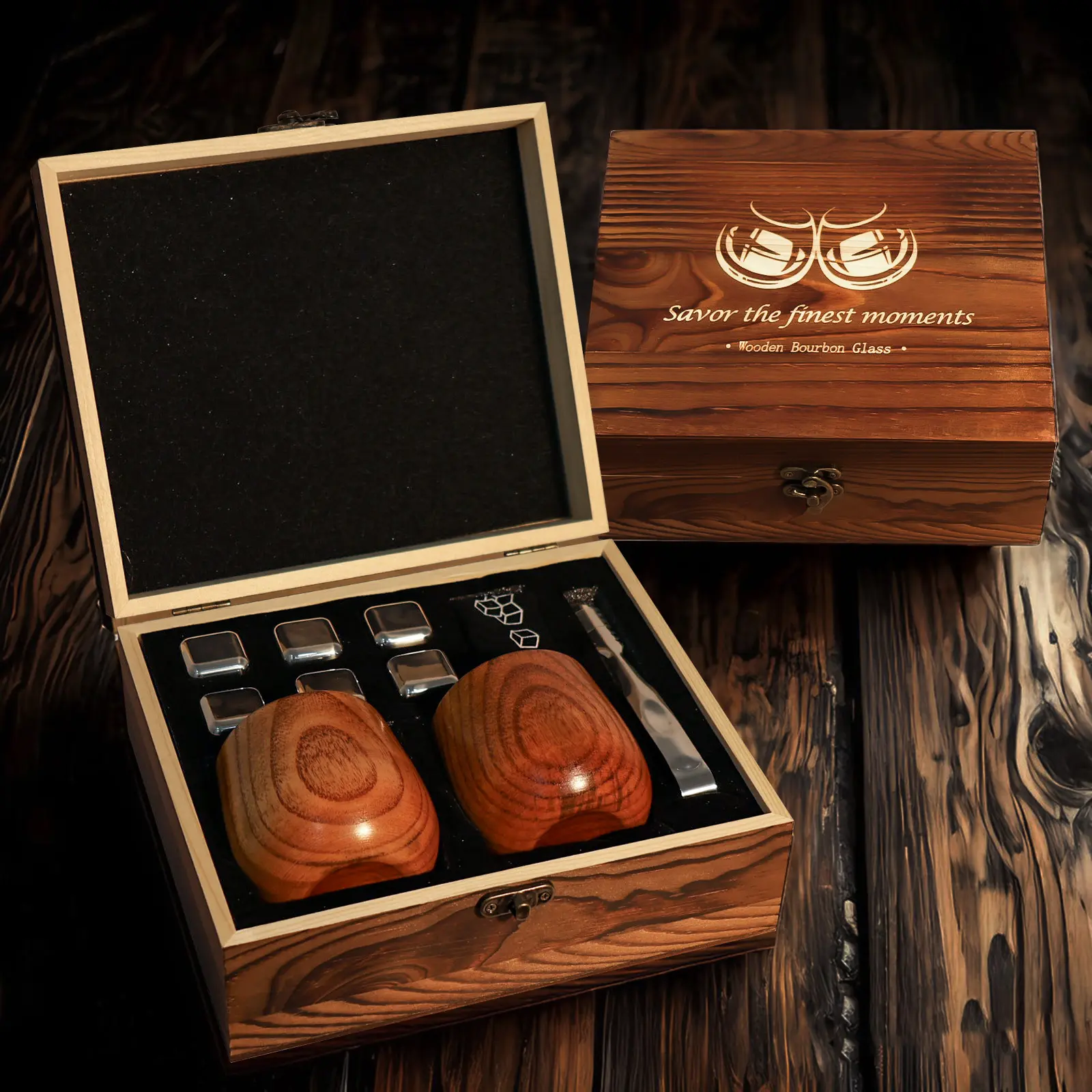 Handcrafted Charred Oak Whiskey Glasses Bar Set - Premium Durable Bourbon Tumblers for Adults, Hand Wash Only, Ideal Birthday Gift Idea, Wooden Bar Glassware campingessentials, Bar Sets, Enhances Bourbon Aroma