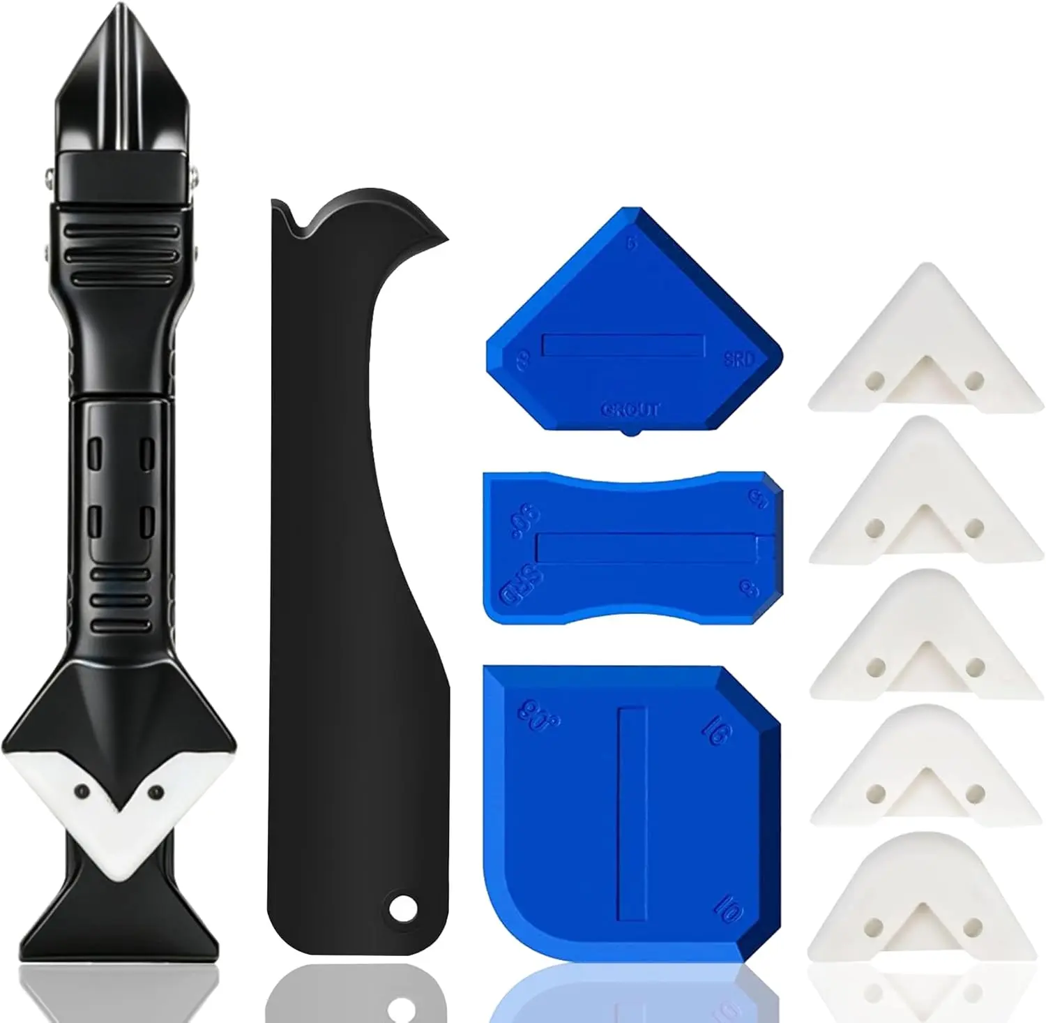 5-in-1 Caulk Repair Tool Kit, Quick-Change Silicone Pads and Stainless Steel Scraper for Bathroom, Tile, Glass and Wall Sealant Removal and Finishing Smoothing