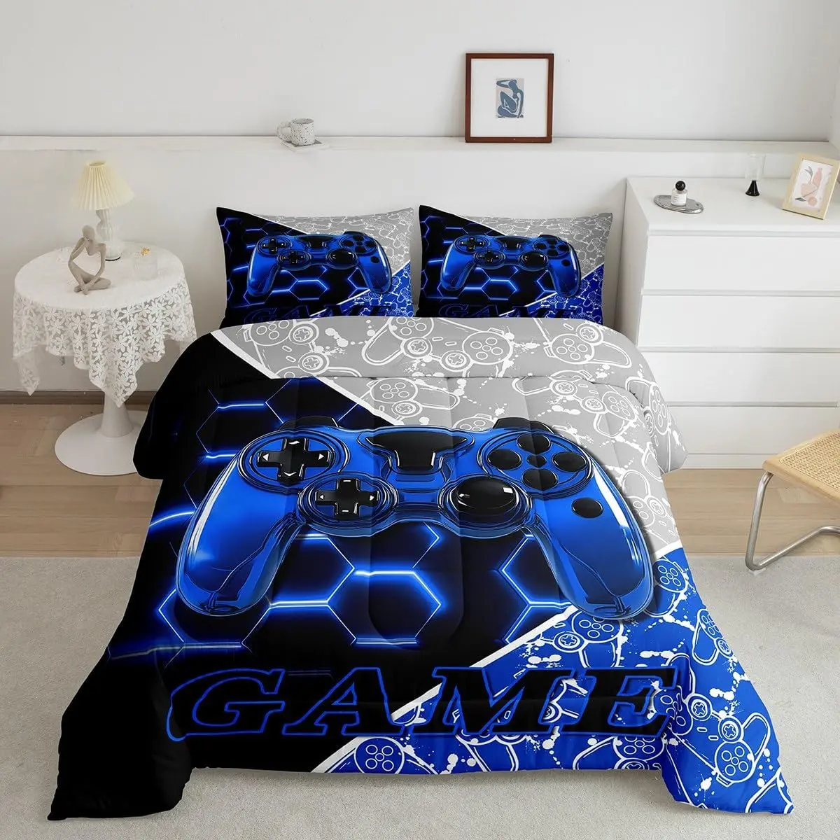 Feelyou Gamer Theme Beddingsets - Microfiber Bedding Set with Digital Print Honeycomb Game Controller Comforter, Blue Geometric Duvet, Soft Machine Washable Bedding Sets for Gamer Bedrooms Decor, Soft Bedding Sets