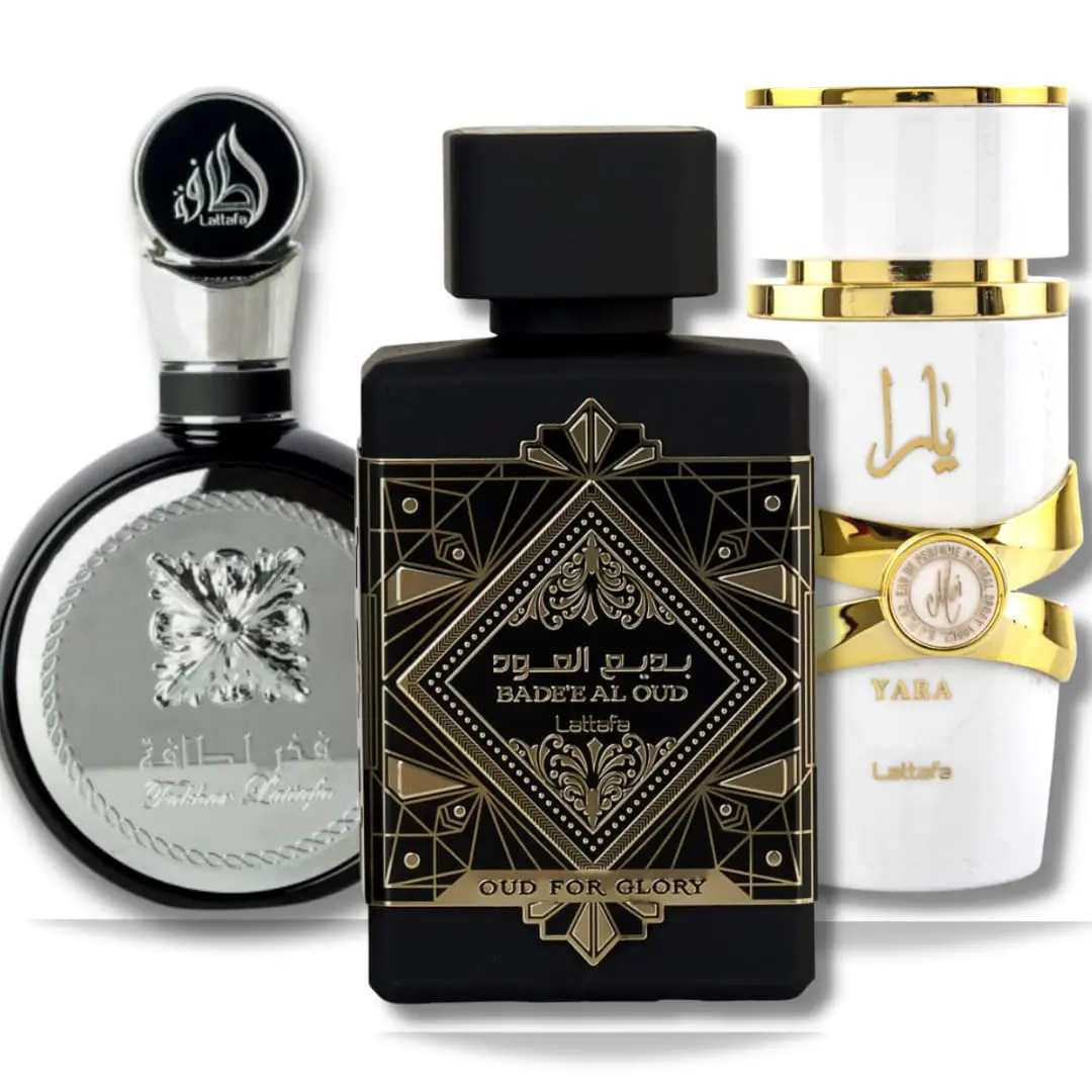 Perfumes for Unisex 3 Piece Eau de Parfum Gift Set (Bade'e Al Oud Oud For Glory + Fakhar for Men + Yara Moi) 3.4 Ounce/100 ml each