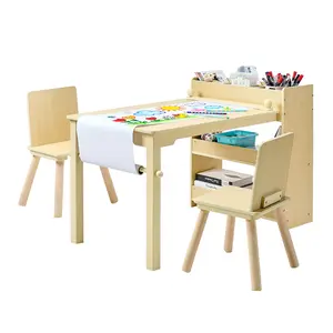 VEVOR Kids Art Table and Chair Set, Toddler Craft Table with 3 Tiers Storage Cabinet, Wooden Kids Activity Play Desk with 2 Chairs, Craft Play Desk for Reading, Learning, Drawing, Writing, Light Wood