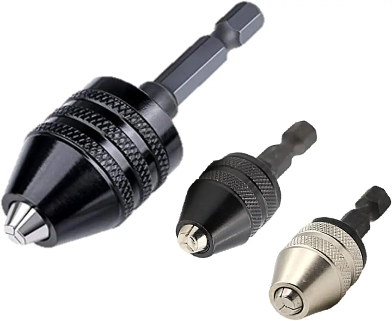 3-Count Carbon Steel Drill Bit Adapter Set - 1/4 Hex Shank Lightweight Drill Chuck Extensions with Secure Clamp, Quick Change, Small Size, 0.3-3.6mm & 0.6-8mm Clamping Range for Impact Driver, Cordless Power Tools