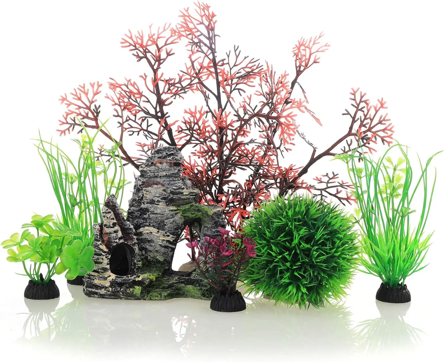 Aquarium Fish Tank Plastic  and Cave Rock Decorations Decor Set 7 count, Small and Large Artificial Fish Tank  with Cave Rock (CU89Red-7)