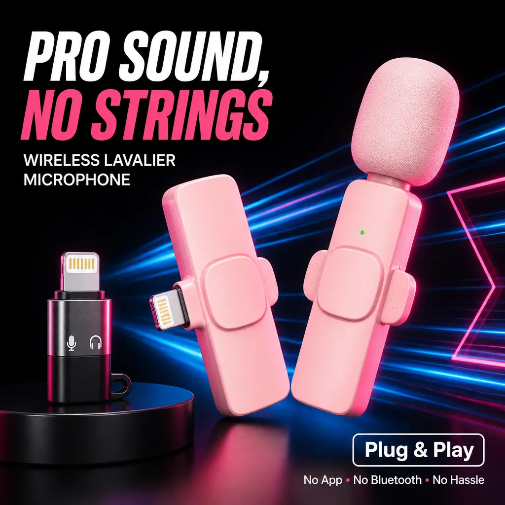 Pink Wireless Mini Clip-On Microphone Set (Pack of 2) - Lightning Connector, Noise Reduction Audio, Hands-Free Recording, Compatible with iPhone, Android, Mobile PC, Vlogging Equipment, Streaming Equipment