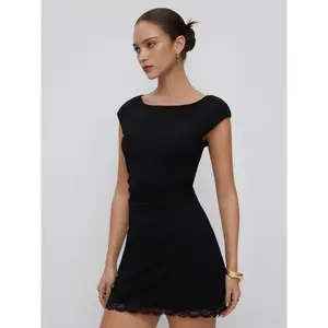 Cider Cotton-blend Boat Neck Ruched Lace Panel A-line Mini Dress Dealsforyou