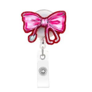 Cute Bowknot Design Badge Holder, Round Badge Reel, Identification Badges & Supplies for Nurse & Doctor & Student