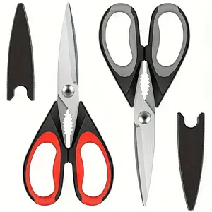 2pcs Heavy-Duty Stainless Steel Kitchen Shears - Multi-Purpose Meat & Poultry Cutters Dishwasher Safe Ergonomic Black & Red Gray Handles for Effortless Food Preparation Sleek Metallic Finish Durable Metal Construction
