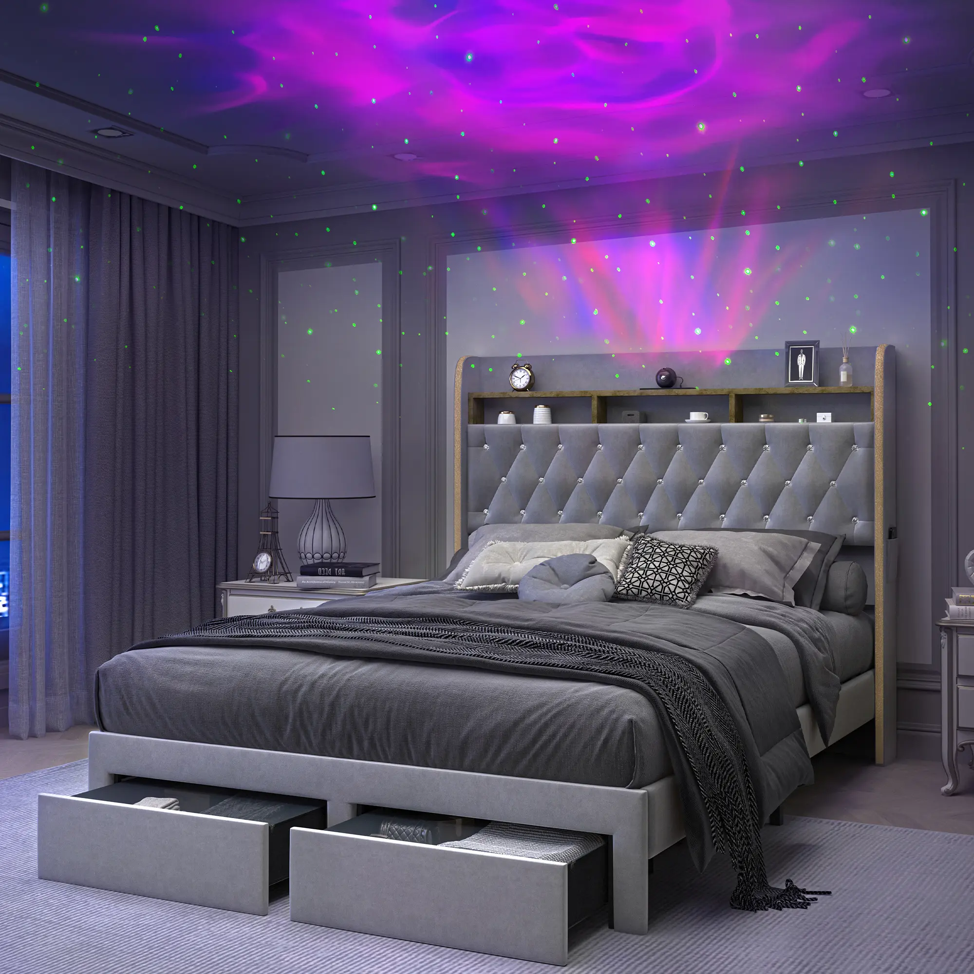 [Deals for You Days] Queen LED Bed Frame with Galaxy Star Projector, Charging Station & Speaker, Upholstered Platform Bed with 2-Tier Storage Headboard and Storage Drawers, Noise-Free, No Box Spring Needed