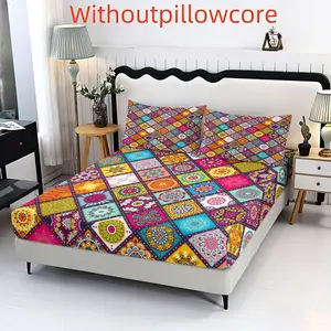 Bohemian Floral Bedding Set, Includes Boho Fitted Sheet & Pillowcases, Breathable Polyester Fiber, All Seasons, Breathable Sheets