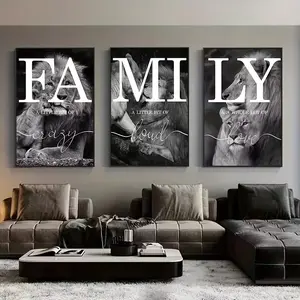 [UNFRAMED POSTER] 3pcs Un Quality Poster Print, Modern Art, Black And White Lion Family Quote Home Sign Oil Painting, Ideal Gift For Bedroom Living Room Corridor, Wall Art, Wall Decor, Winter Decor, Room Decoration