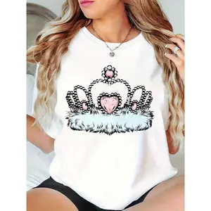 Women’s White T-Shirt with Faux Fur Crown, Pink Heart & Jewel Print – Casual Princess Style for Daily Wear, Parties, Gifting 100% Cotton T-shirt