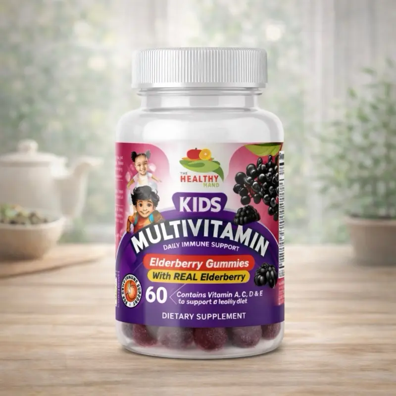 THE HEALTHY HAND Kids Gummy Supplements - Real Elderberry, Vitamin C, Vitamin D, 60-Count Multivitamin Supplement, Gummy Vitamins Supplements