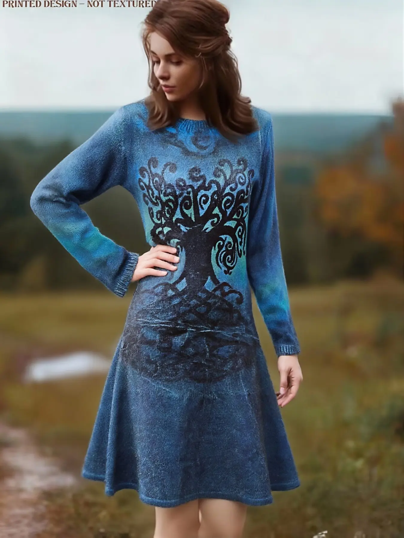 Women's Fashion Vintage Viking Celtic Knot Art Dress, Elegant Round Neck Long Dress, Knit Sweater, Daily Wear, Printed Dress