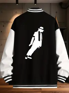 Men's Casual Sports Jacket, Long Sleeve, Mild Stretch Regular Fit, Baseball Collar, Michael Jackson Cartoon Print, Button Closure, All Seasons