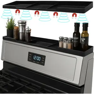 Silicone Magnetic Stove Shelf For Back Of Stove - Over The Stove Shelf, Magnetic Stove Top Shelf, Over The Stove Spice Rack, Oven Shelf For Top Of Stove, Heat Resistant, Includes 6 Extra Plates, Black