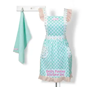 Dolly Parton Cotton Kitchen Apron And Towel Set, Teal Plaid With Butterfly Design