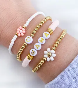 4pcs Mother's Day Gift | Dainty Gold Beaded Mama Bracelet Set | Cute Flower Stackable Bracelets for Mom