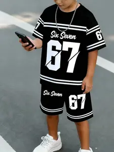 Trendy Sports Style Boys' Set, Number 67 Print, Streetwear Aesthetic, Casual Fitted Suit, All over Print, No Button, No Collar, No Zipper, Shorts