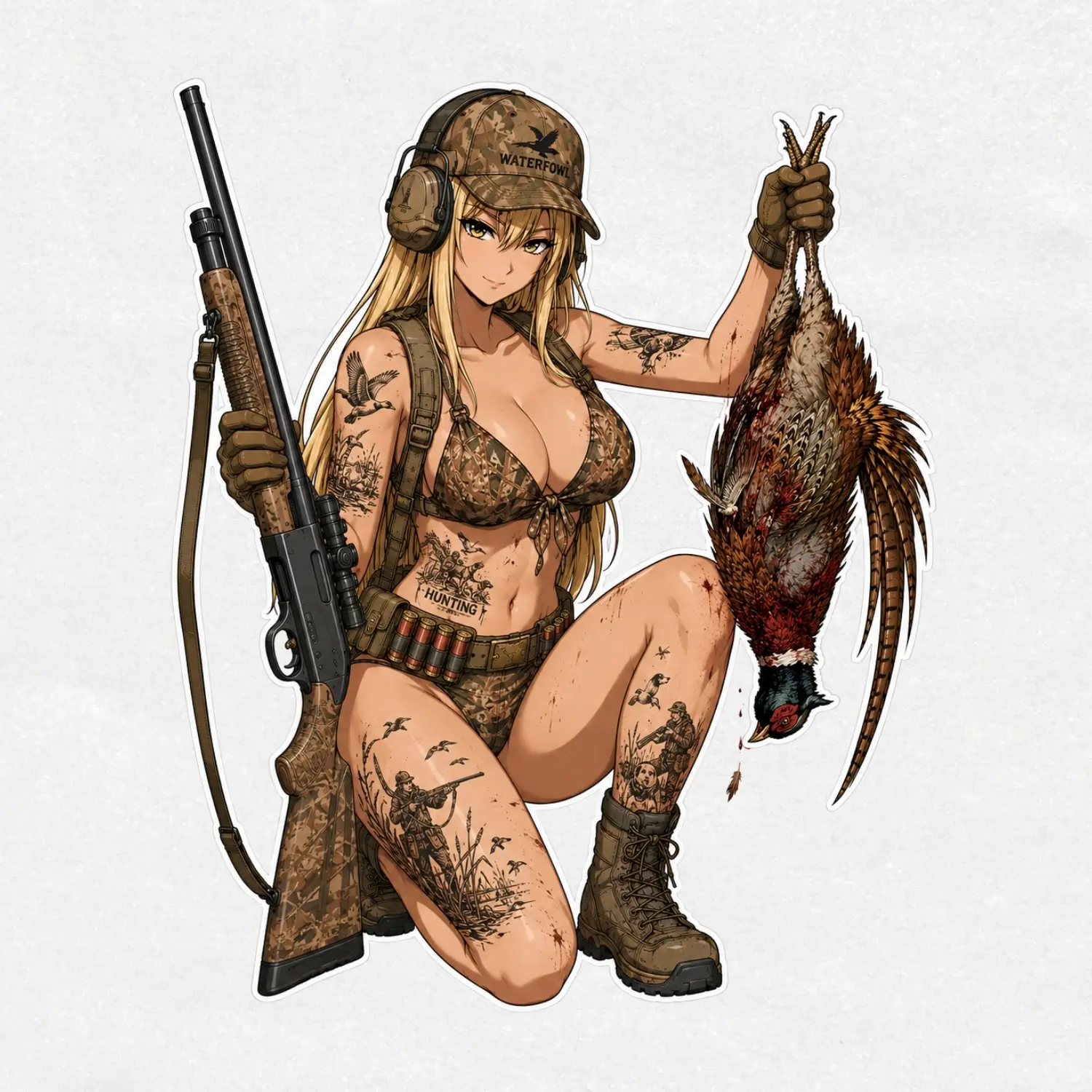 Pheasant Hunting Girl Vinyl Sticker, Anime Hunter Decal, Shotgun Hunting Sticker, Camo Outdoors Decal, Waterproof Hunting Gift