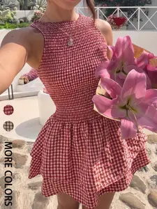 Women's Plaid Bodycon Mini Dress, Casual Fashionable Dress, Sleeveless, Sweet French Style, Perfect for Beach, Vacation, Casual Wear, Ideal for Spring and Summer
